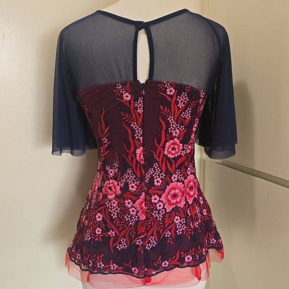 Eva Franco Navy/Red/Pink Floral Embroidered Mesh S/S Blouse, EUC, Sz. S - Picture 6 of 10